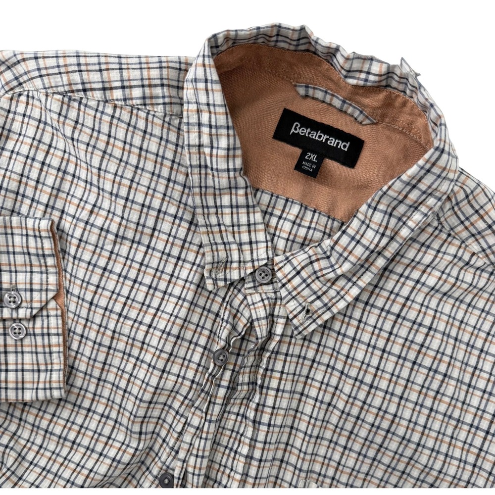 Betabrand Men 2XL Plaid Button Down Shirt Cotton Hemp Blend Blue Tan Long Sleeve